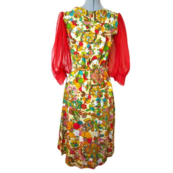 Vintage "Flower Power" 60s/70s Chiffon Sleeve Blouson Midi Dress, Size 8/10 - Picture 2 of 12